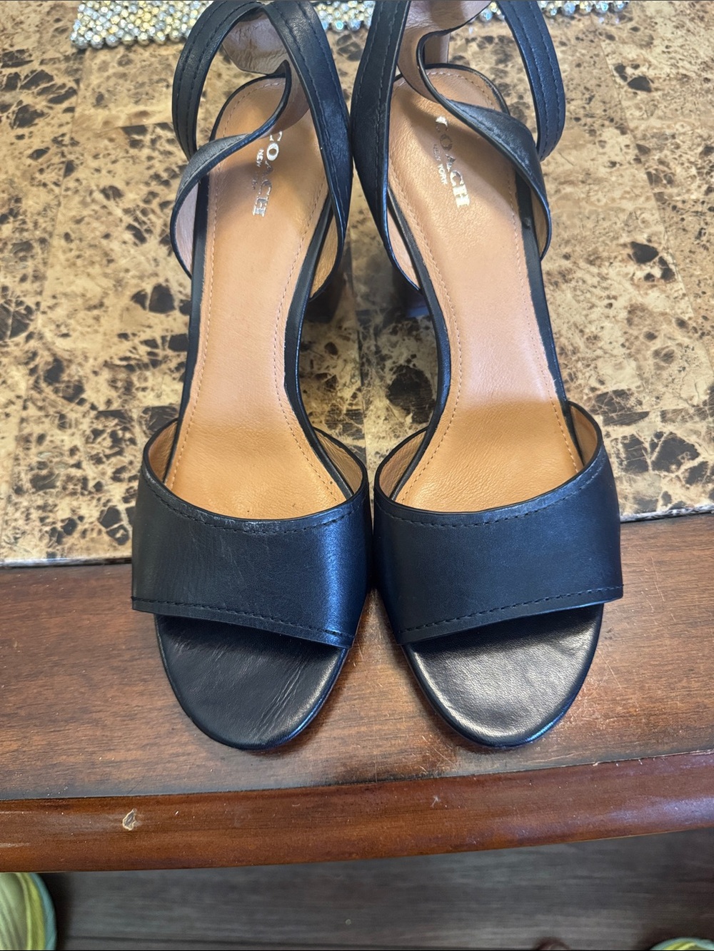 Coach Black Leather Open-Toe Slingback Heels